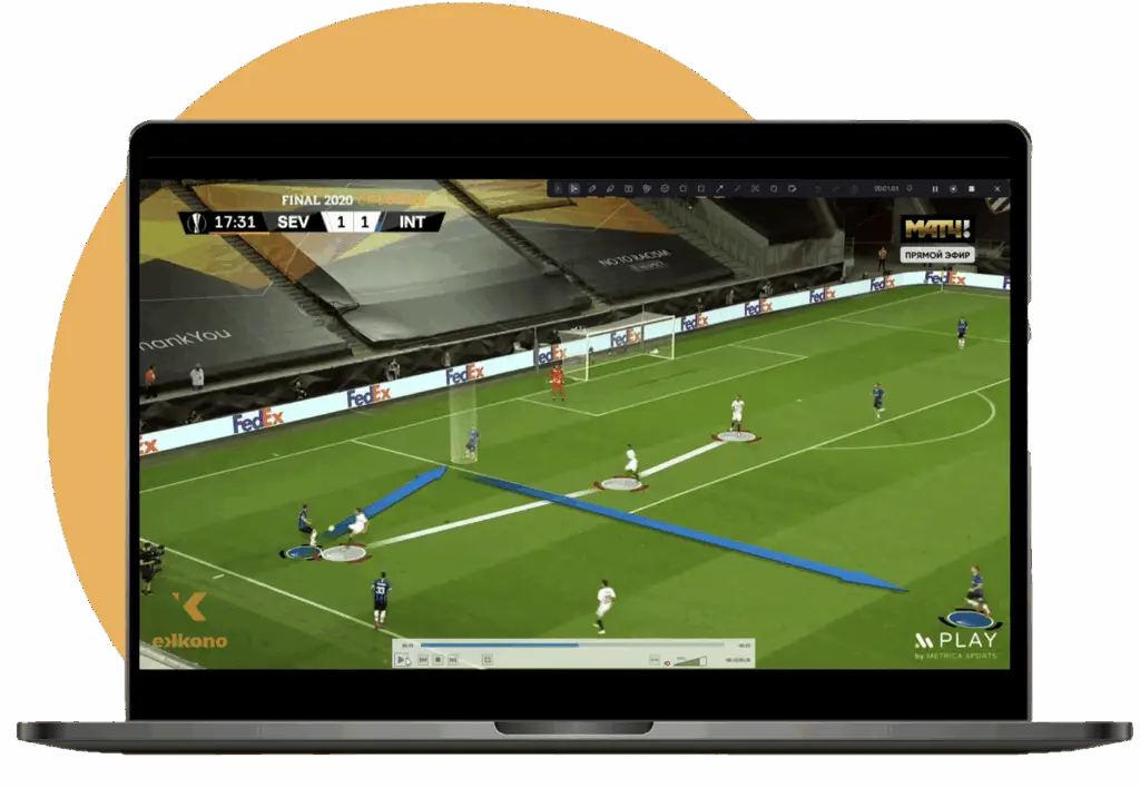Ekkono video analysis frame showing turnovers and positioning mapped on the pitch