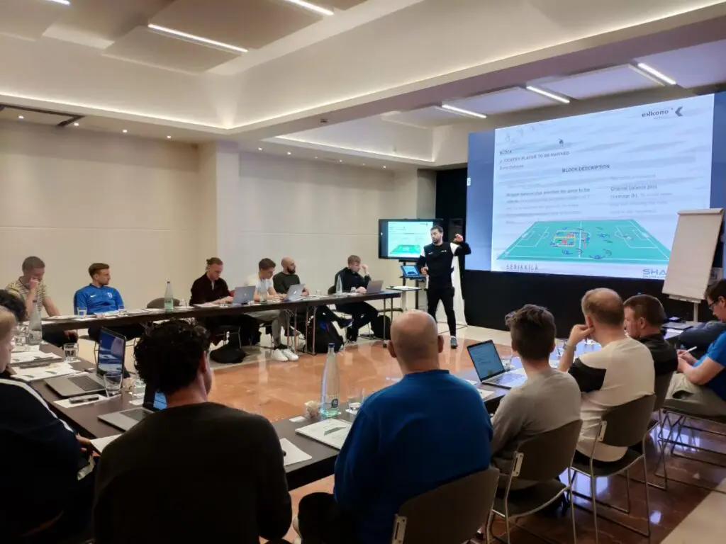 Ekkono coaches trip group in Barcelona with LaLiga academy backdrop